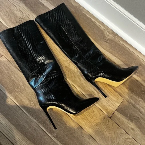 Paris Texas Black Lizard Skin Effect Textured Knee High Heeled Boots 105mm SZ 40 - Picture 3 of 5